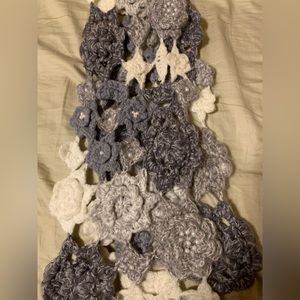 Novelty knit crochet scarf with pearl embellishment on floral designs